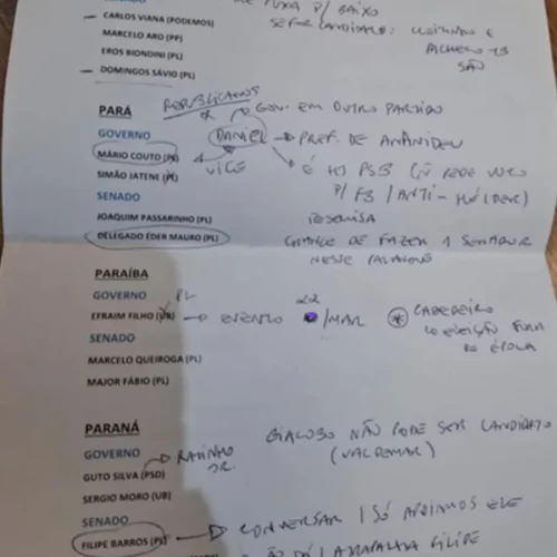 Anotações de Flávio apontam filiação de Efraim ao PL e Major Fábio na segunda vaga ao Senado