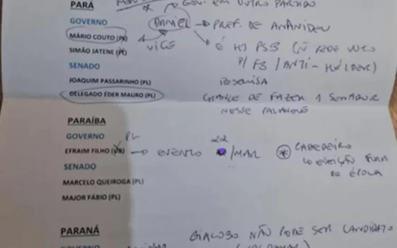 Anotações de Flávio apontam filiação de Efraim ao PL e Major Fábio na segunda vaga ao Senado