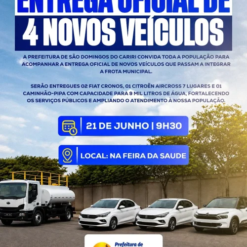 Prefeito Onildo anuncia entrega de 4 novos veículos e grande Feira da Saúde no próximo dia 21 em São Domingos do Cariri