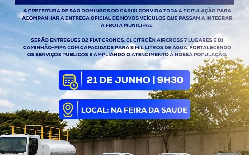 Prefeito Onildo anuncia entrega de 4 novos veículos e grande Feira da Saúde no próximo dia 21 em São Domingos do Cariri