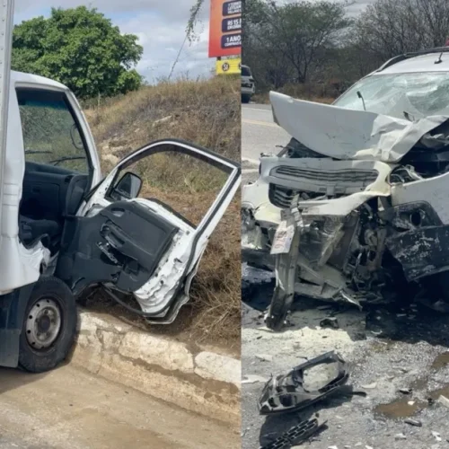 Acidente entre caminhão e carro deixa duas pessoas feridas na BR-412, na entrada da Prata