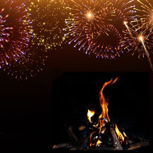 Pyrotechnics and fireworks background with animation on black background realistic vector illustration