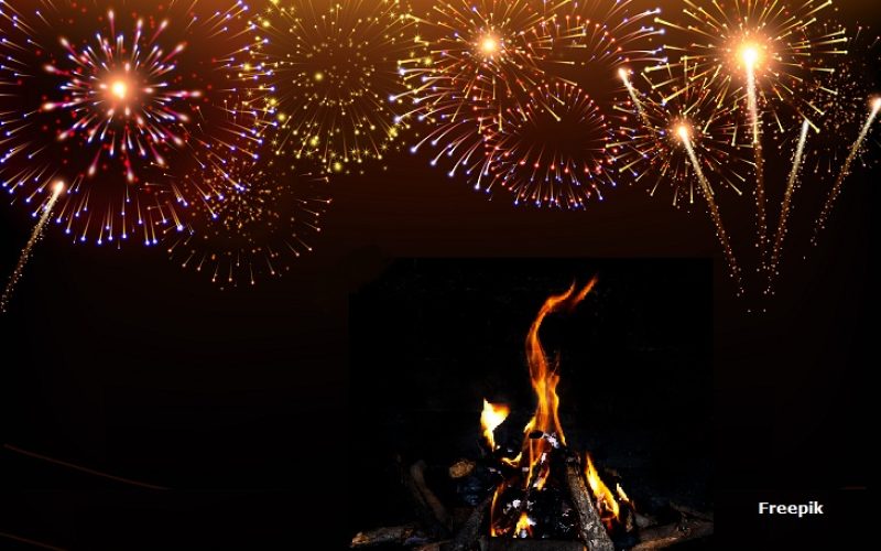 Pyrotechnics and fireworks background with animation on black background realistic vector illustration